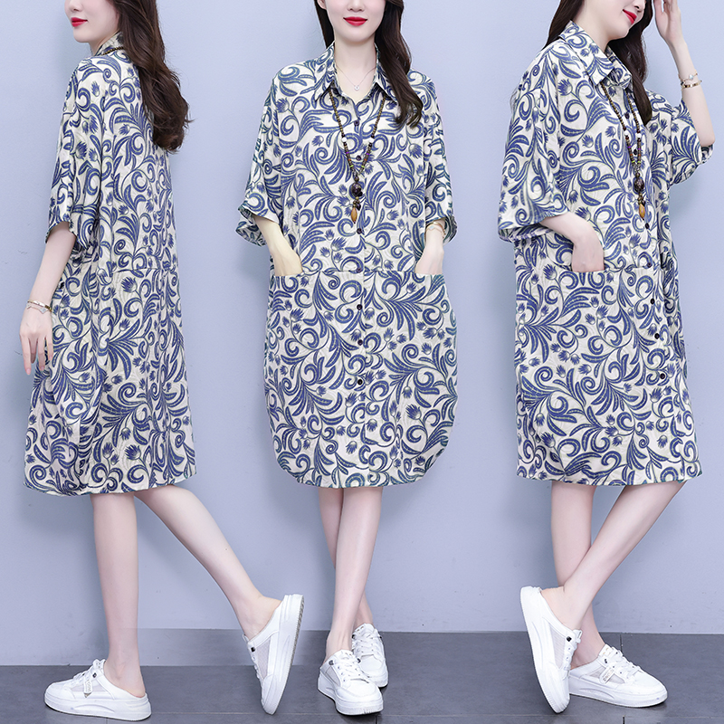 MY17175# 休闲宽松型大码女装连衣裙印花衬衣中长款连衣裙女裝貨源服裝...