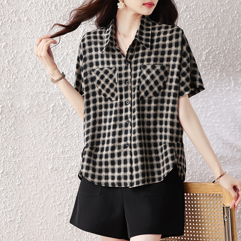 RY2320# 实拍大码女装2026夏季新款短袖百搭衬衣休闲时尚简约格子上...