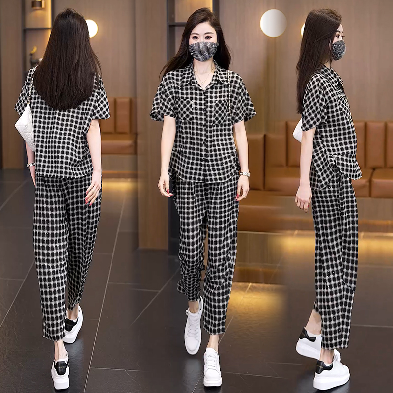 RY3041# 实拍2026年洋气大码女装套装胖MM格子时尚宽松显瘦哈伦裤...