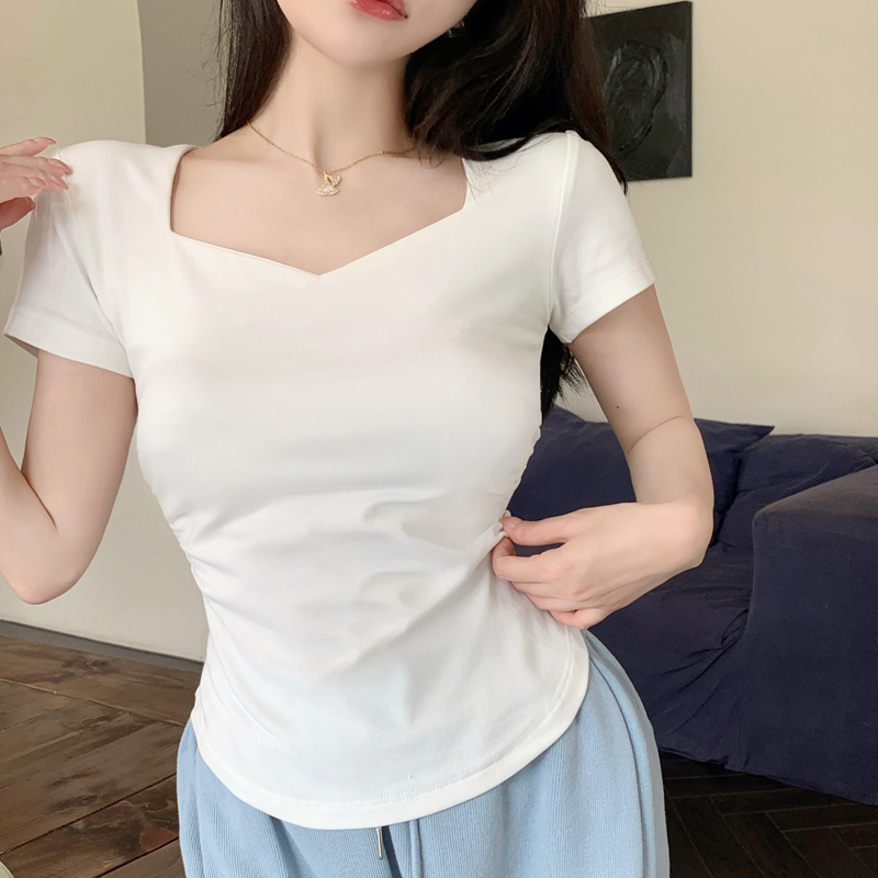 MY9887# 白色短袖t恤女夏季新款爆款正肩V领修身显瘦百搭短款别致上衣...
