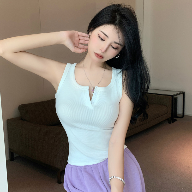 RY6810# 实拍夏季韩版无袖吊带女设计感纽扣短款修身螺纹背心露脐打底上衣