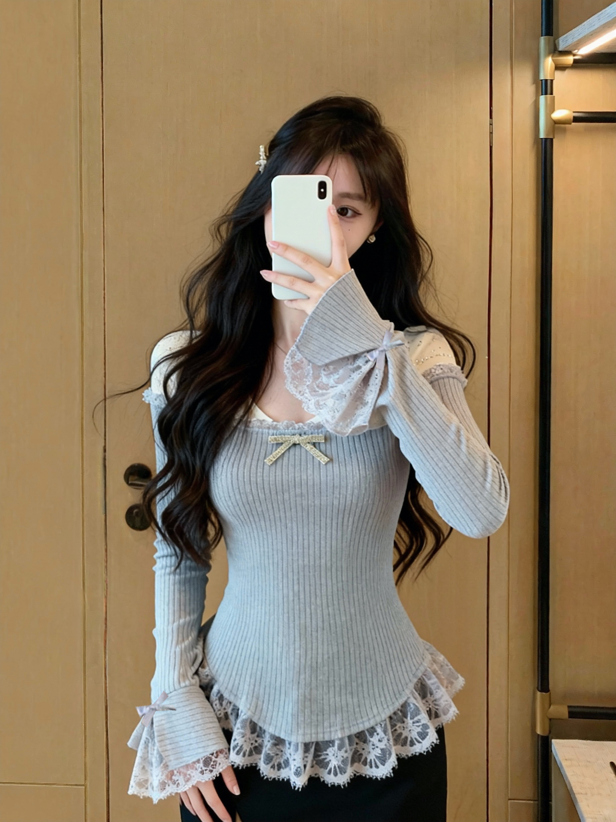 MY15973# 修身显瘦设计感纯欲风辣妹网纱拼接V领上衣女裝貨源服裝批發