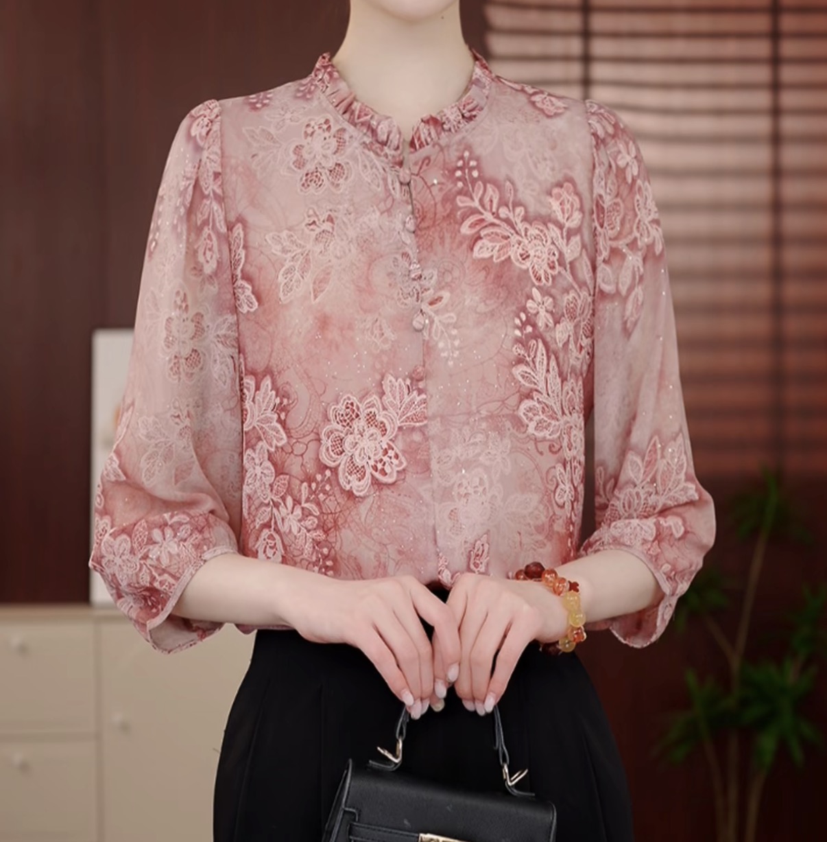 2026春夏季新款木耳邊遮肉透氣小衫七分袖女裝氣質印花顯瘦上衣