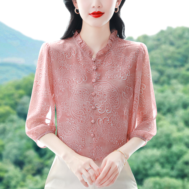 實拍2026夏季新款木耳邊遮肉小衫七分袖女裝氣質印花顯瘦上衣