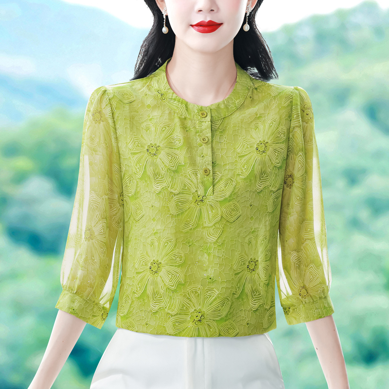 實拍 2026夏季新款時尚媽媽七分袖印花女襯衫氣質減齡顯瘦小衫