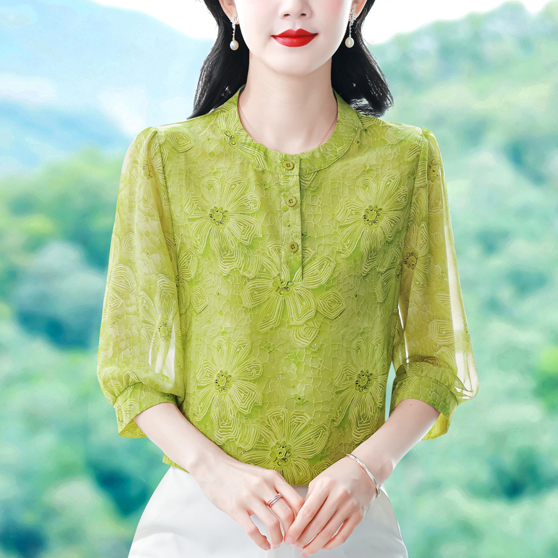 實拍 2026夏季新款時尚媽媽七分袖印花女襯衫氣質減齡顯瘦小衫