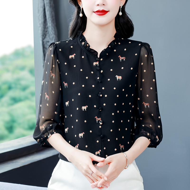 實拍 2026夏季新款時尚媽媽七分袖印花女襯衫氣質減齡顯瘦小衫