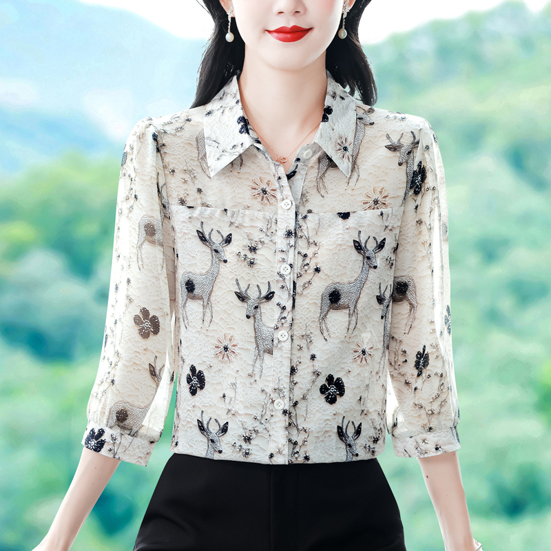實拍 2026夏季新款時尚媽媽七分袖印花女襯衫氣質減齡顯瘦小衫