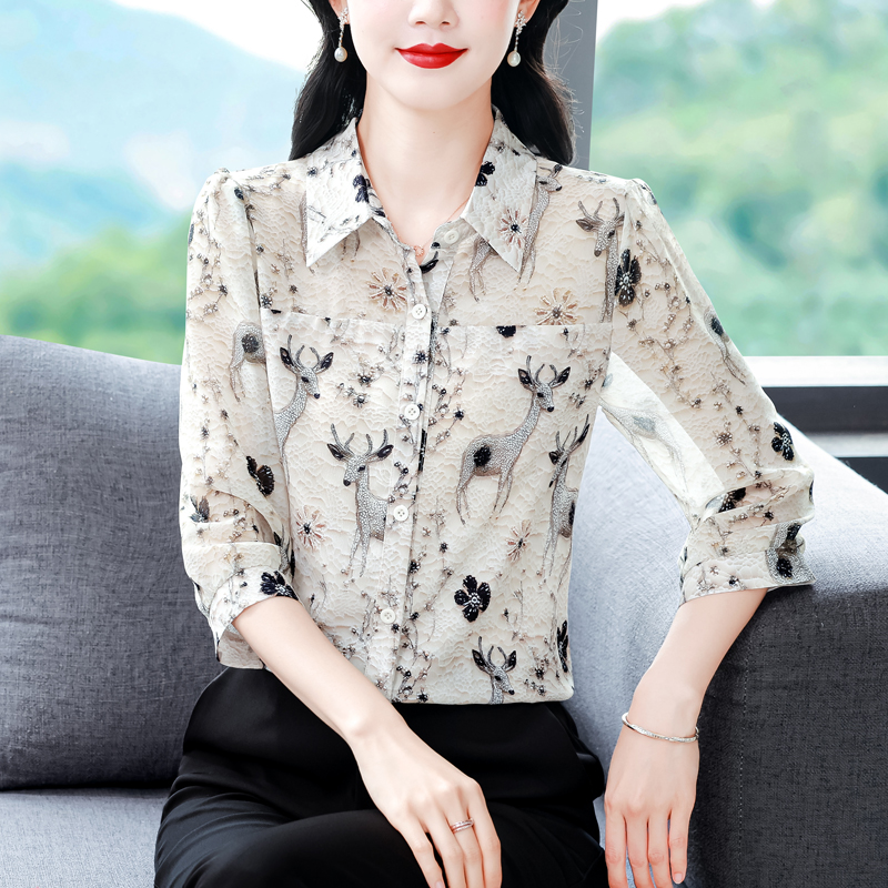 實拍 2026夏季新款時尚媽媽七分袖印花女襯衫氣質減齡顯瘦小衫