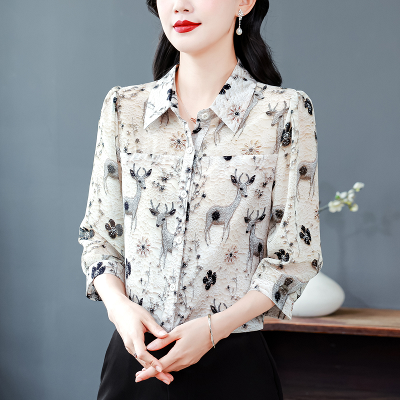 實拍 2026夏季新款時尚媽媽七分袖印花女襯衫氣質減齡顯瘦小衫