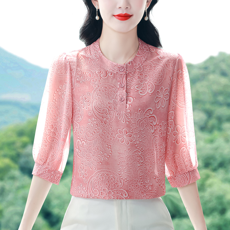 實拍 2026夏季新款時尚媽媽七分袖印花女襯衫氣質減齡顯瘦小衫