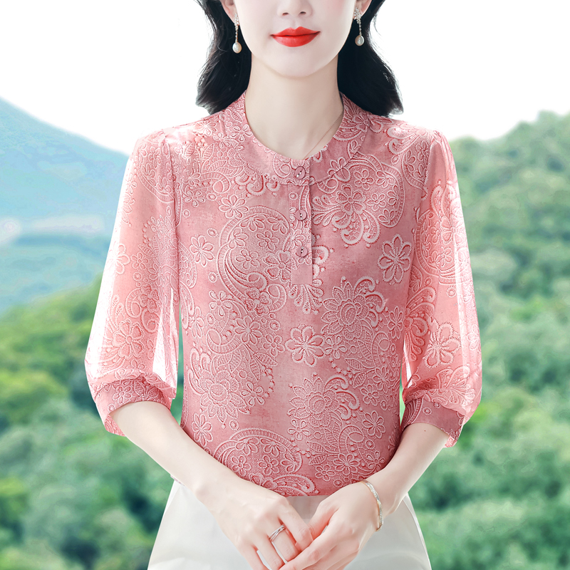 實拍 2026夏季新款時尚媽媽七分袖印花女襯衫氣質減齡顯瘦小衫