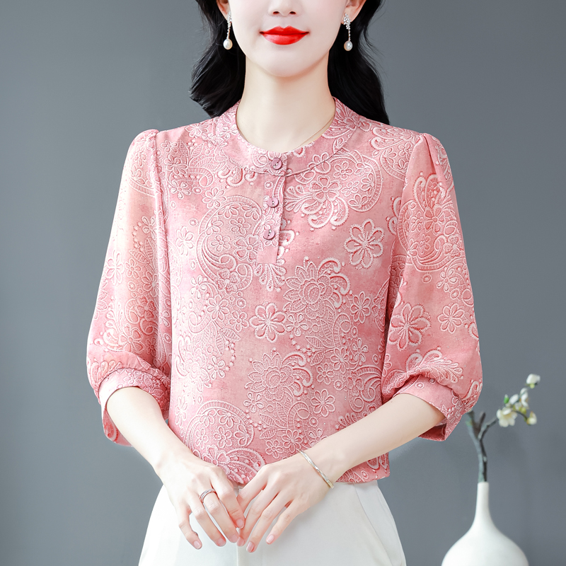 實拍 2026夏季新款時尚媽媽七分袖印花女襯衫氣質減齡顯瘦小衫