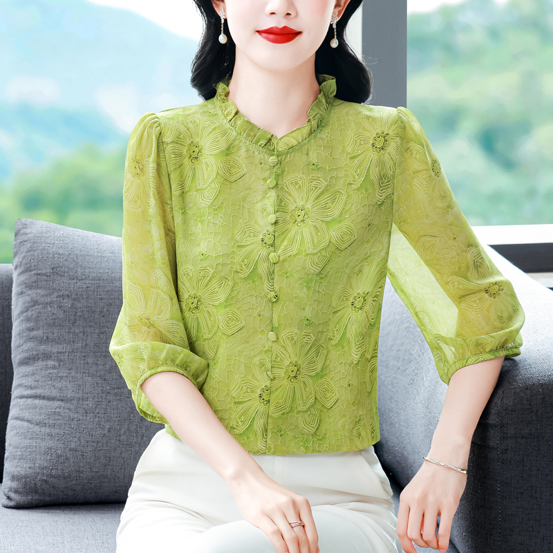 實拍 2026夏季新款時尚媽媽七分袖印花女襯衫氣質減齡顯瘦小衫