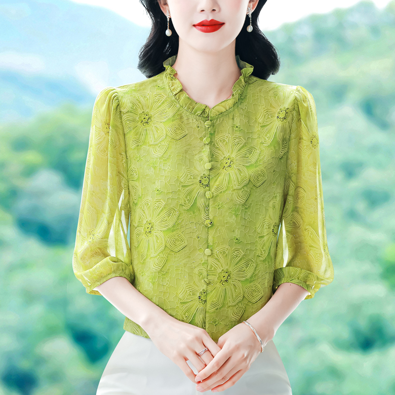 實拍 2026夏季新款時尚媽媽七分袖印花女襯衫氣質減齡顯瘦小衫