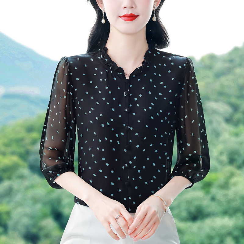 實拍 2026夏季新款時尚媽媽七分袖印花女襯衫氣質減齡顯瘦小衫