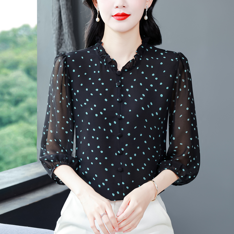 實拍 2026夏季新款時尚媽媽七分袖印花女襯衫氣質減齡顯瘦小衫