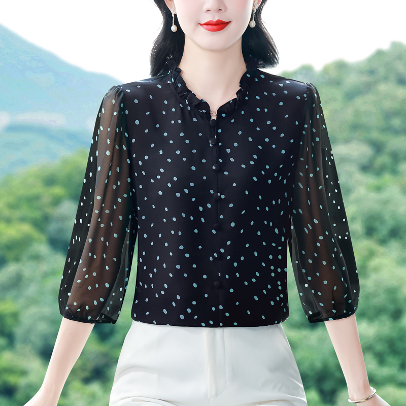 實拍 2026夏季新款時尚媽媽七分袖印花女襯衫氣質減齡顯瘦小衫