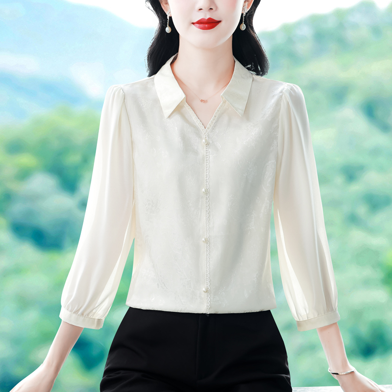 實拍 2026夏季新款時尚媽媽七分袖印花女襯衫氣質減齡顯瘦小衫