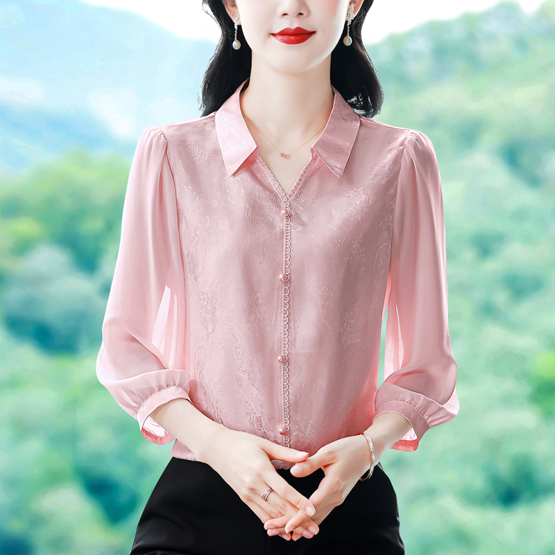 實拍 2026夏季新款時尚媽媽七分袖印花女襯衫氣質減齡顯瘦小衫