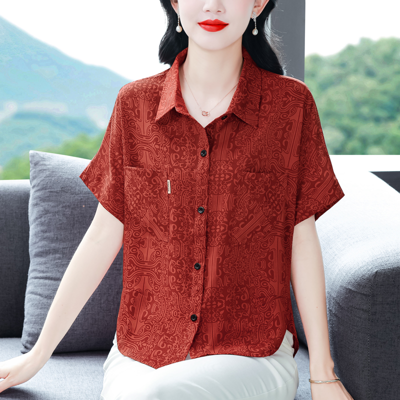 實拍 2026夏季新款時尚媽媽七分袖印花女襯衫氣質減齡顯瘦小衫