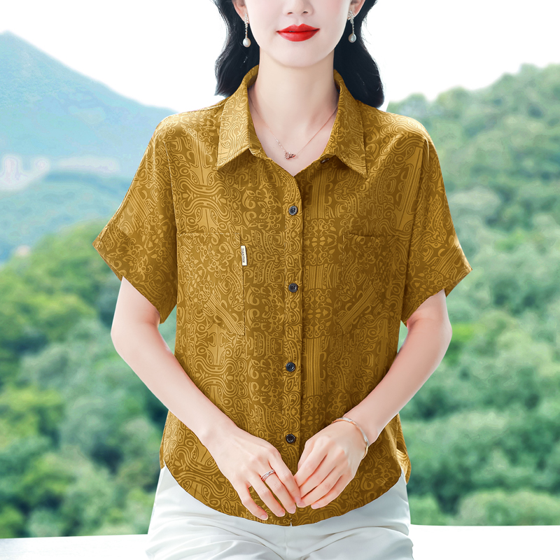 實拍 2026夏季新款時尚媽媽七分袖印花女襯衫氣質減齡顯瘦小衫