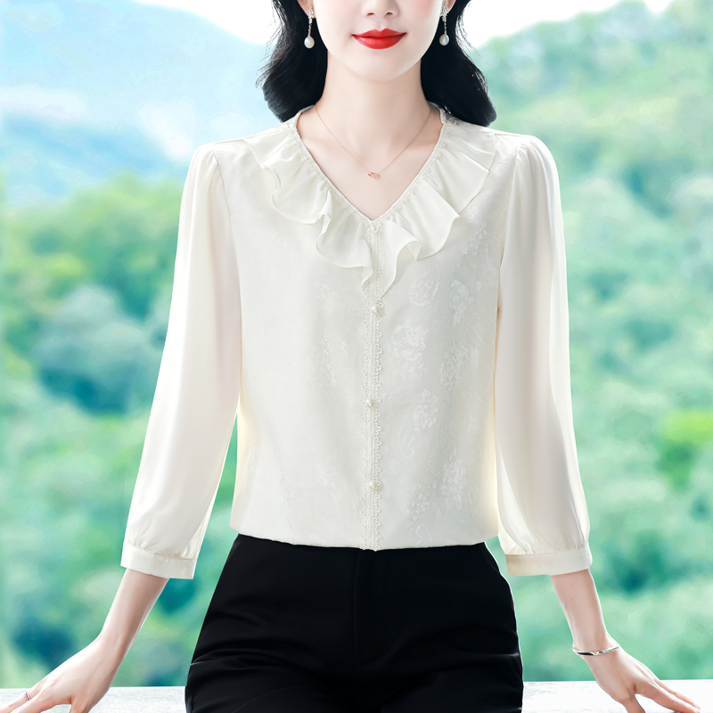 實拍 2026夏季新款時尚媽媽七分袖印花女襯衫氣質減齡顯瘦小衫