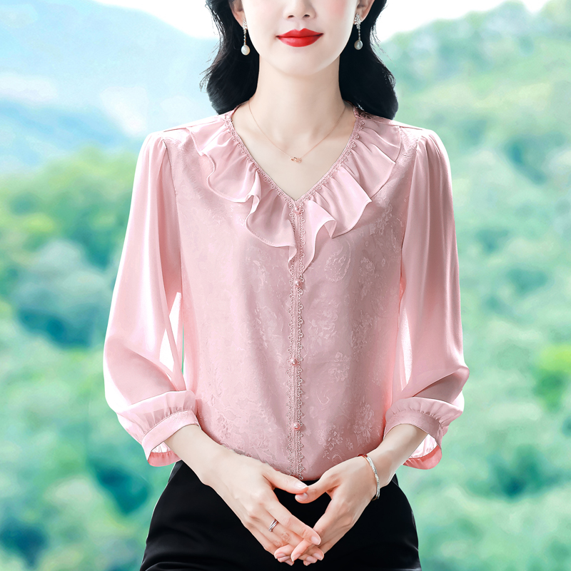 實拍 2026夏季新款時尚媽媽七分袖印花女襯衫氣質減齡顯瘦小衫