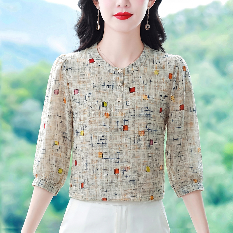 實拍七分袖女士襯衫夏季新款顯瘦減齡氣質寬松優雅高檔小衫