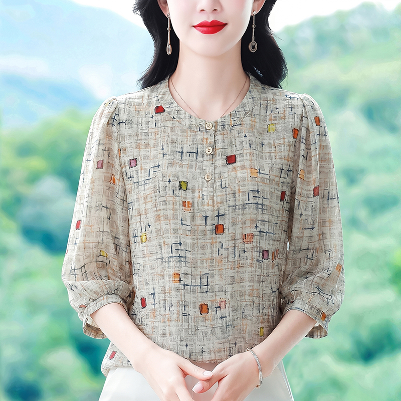 實拍七分袖女士襯衫夏季新款顯瘦減齡氣質寬松優雅高檔小衫