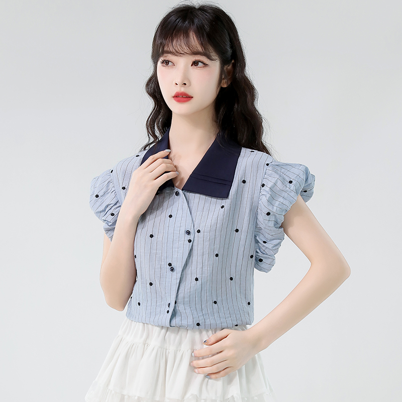 FA35093# 波点条纹衬衫女夏季显瘦飞飞袖上衣设计感短袖衬衣 服裝批發女裝批發服飾貨源