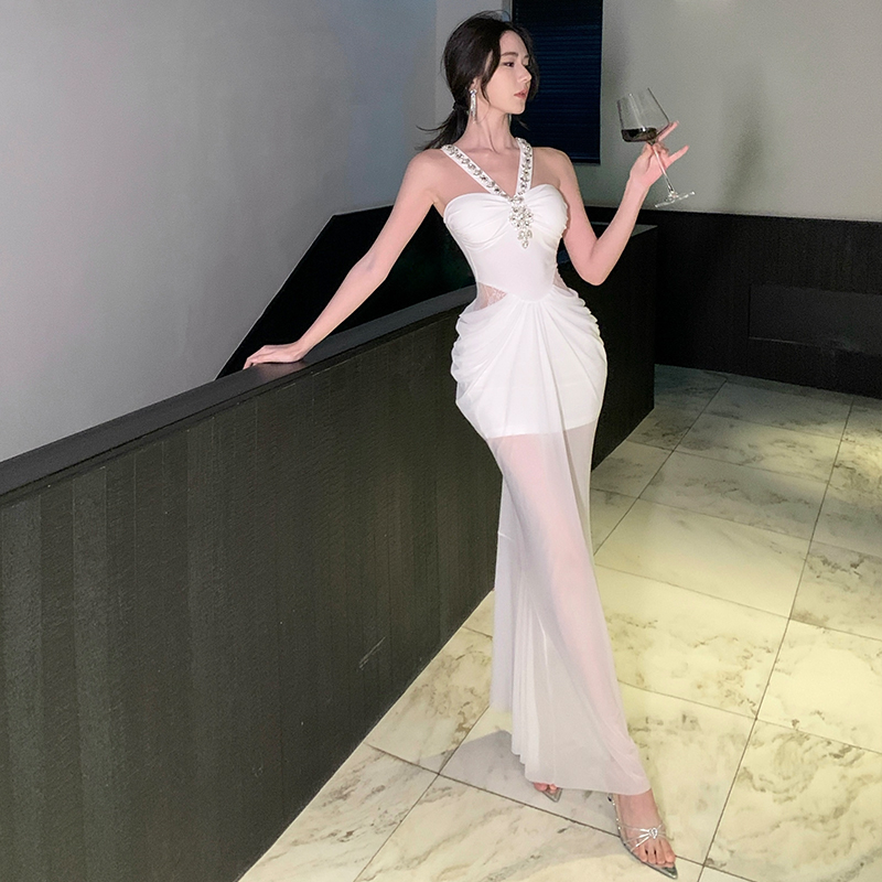 希臘神女~重工鑲鉆掛脖連衣裙溫柔純欲千金魚尾長裙