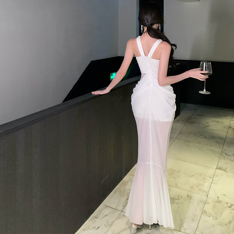 希臘神女~重工鑲鉆掛脖連衣裙溫柔純欲千金魚尾長裙