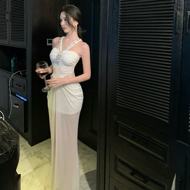 希臘神女~重工鑲鉆掛脖連衣裙溫柔純欲千金魚尾長裙