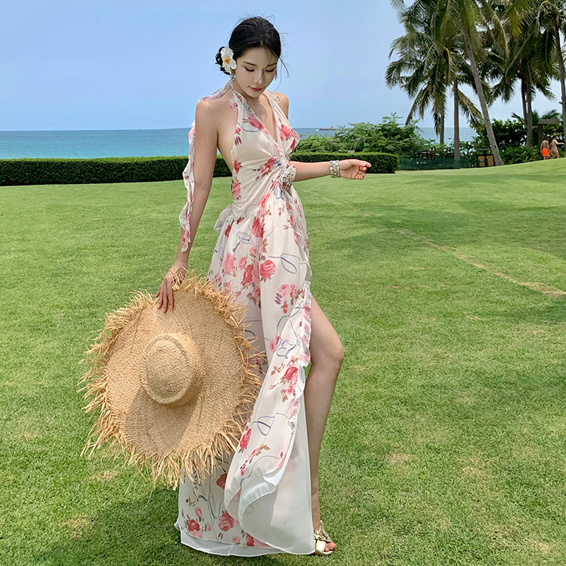 法式碎花連衣裙女高級感名媛抹胸不規則仙女裙度假風性感露背長裙