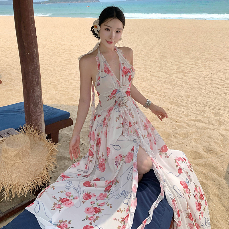 法式碎花連衣裙女高級感名媛抹胸不規則仙女裙度假風性感露背長裙