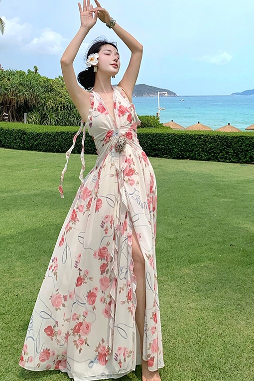 法式碎花連衣裙女高級感名媛抹胸不規則仙女裙度假風性感露背長裙