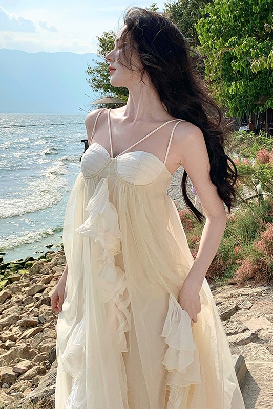 枯木逢春/荷葉邊雪紡吊帶連衣裙女夏季度假長裙仙女裙