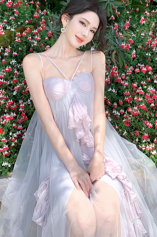 枯木逢春/荷葉邊雪紡吊帶連衣裙女夏季度假長裙仙女裙