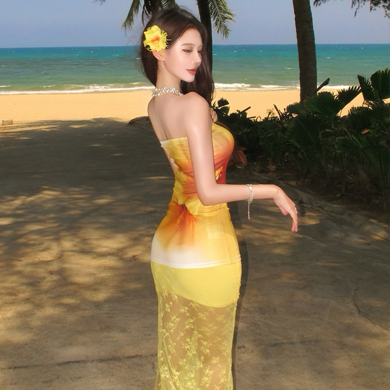 性感辣妹套裝女2025夏季海邊度假風辣妹印花抹胸網紗魚尾裙兩件套