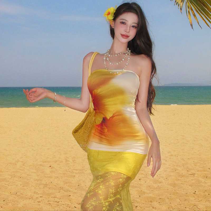 性感辣妹套裝女2025夏季海邊度假風辣妹印花抹胸網紗魚尾裙兩件套