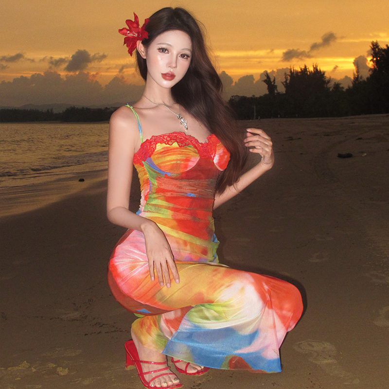 法式絕美水彩暈染性感辣妹吊帶連衣裙收腰顯瘦包臀長裙海邊度假風