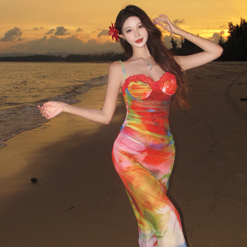 法式絕美水彩暈染性感辣妹吊帶連衣裙收腰顯瘦包臀長裙海邊度假風