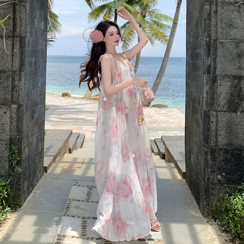 手工立體花朵 重工壓褶碎花吊帶長裙夏季海邊度假連衣裙
