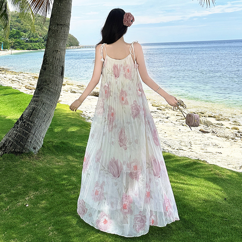 手工立體花朵 重工壓褶碎花吊帶長裙夏季海邊度假連衣裙