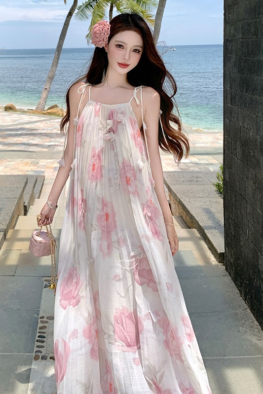 手工立體花朵 重工壓褶碎花吊帶長裙夏季海邊度假連衣裙
