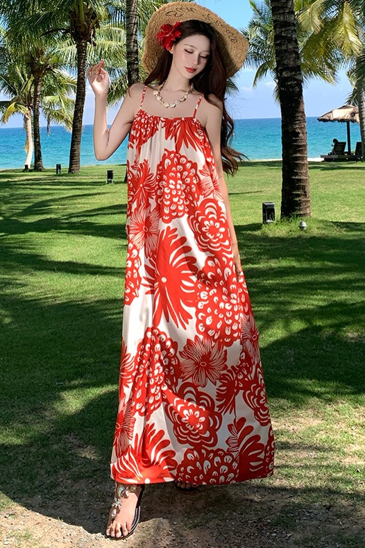 法式沙灘裙子海邊度假氣質橘色印花吊帶連衣裙女
