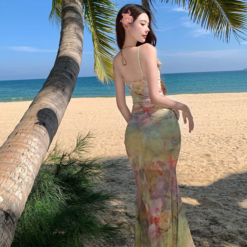 法式度假風油畫連衣裙女夏收腰顯瘦包臀裙長裙