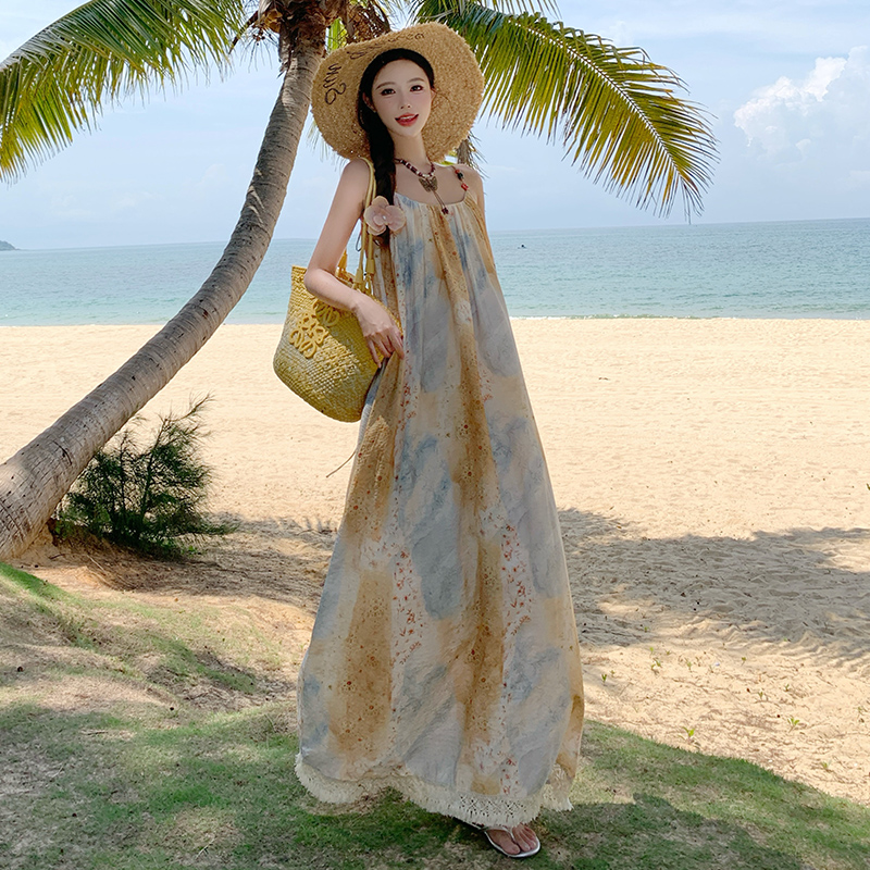 波西米亞壓褶吊帶裙女夏季民族風印花流蘇顯瘦度假連衣裙