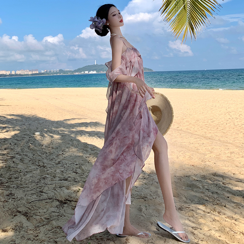 印花雪紡吊帶連衣裙女夏季法式復古A字長裙度假飄帶裙子